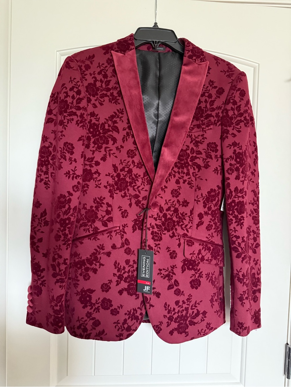 JF J Ferrar Velvet Dinner Jacket Tuxedo Blazer 36R Slim Fit Burgundy Floral